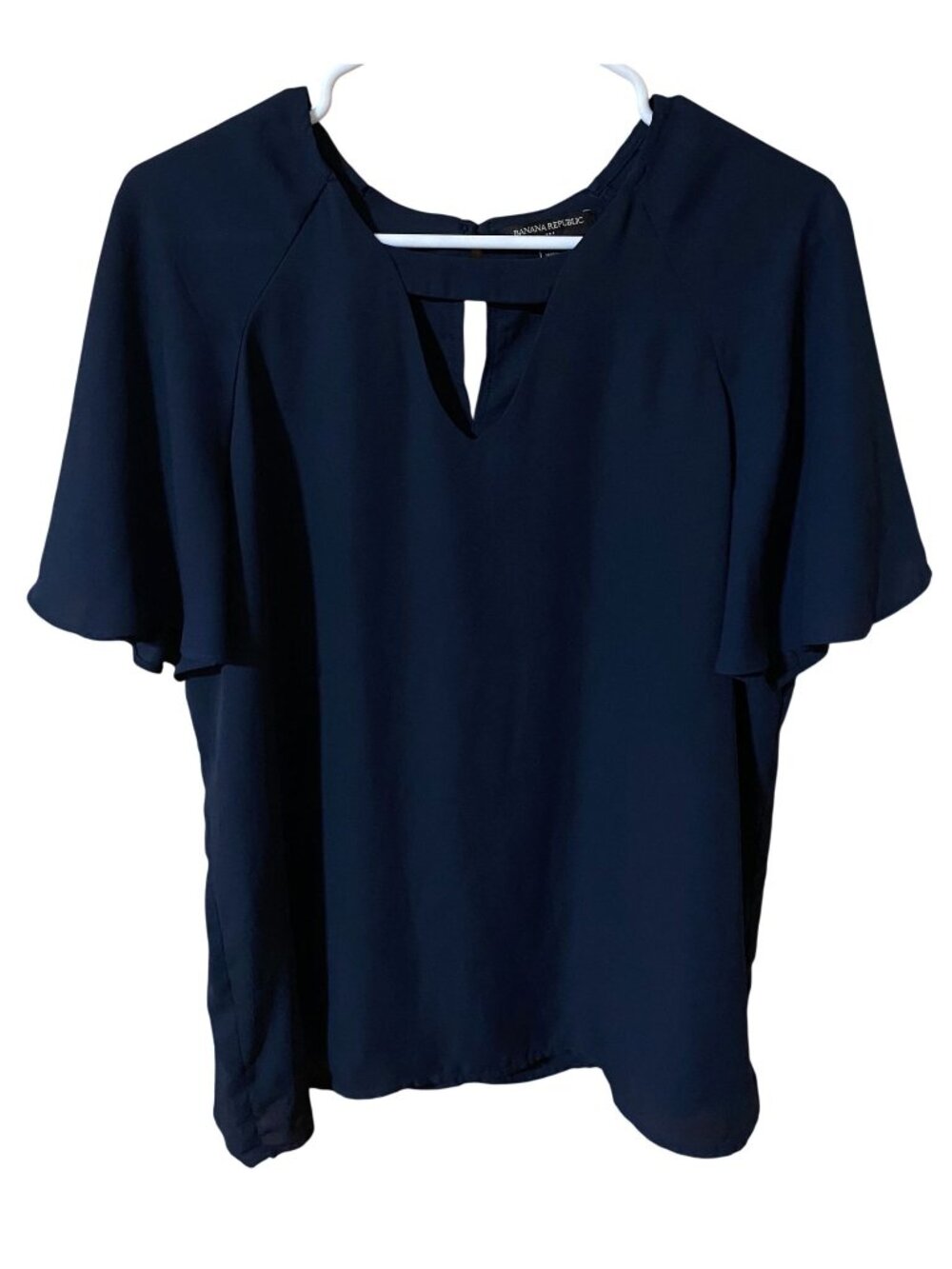 Banana Republic Womens L Dark Blue Flutter Sleeve Blouse Keyhole Quiet Luxury
